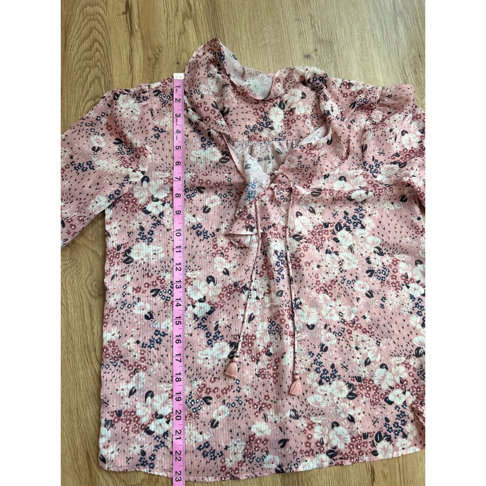 PAIGE Pink Floral Ruffle Blouse Metallic Shimmer Tie Neck Boho Romantic Top S - Picture 8 of 8